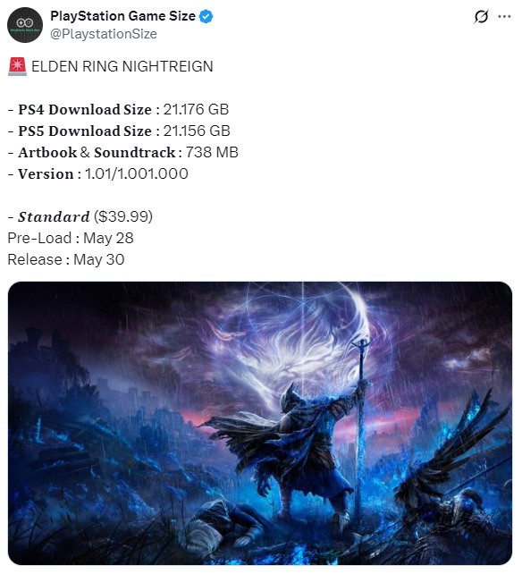 《艾尔登法环：黑夜君临》PS4/5版容量曝光 不到22GB