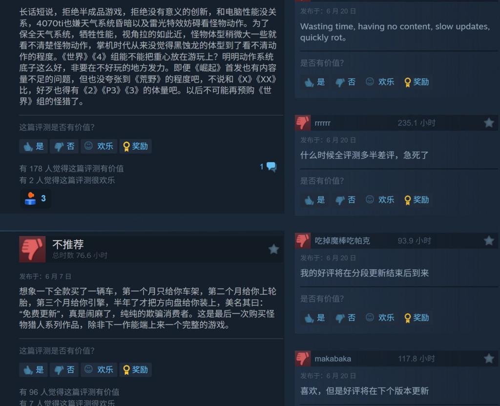 《怪物猎人：荒野》Steam差评如潮 在线已不及《怪物猎人：世界》