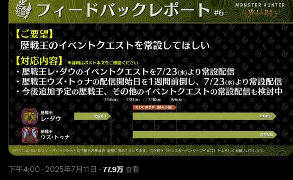 《怪物猎人：荒野》将响应玩家呼声 历战王挑战改为常设任务