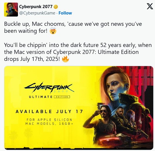 《赛博朋克2077：终极版》将于7月17日登陆Mac 支持光追