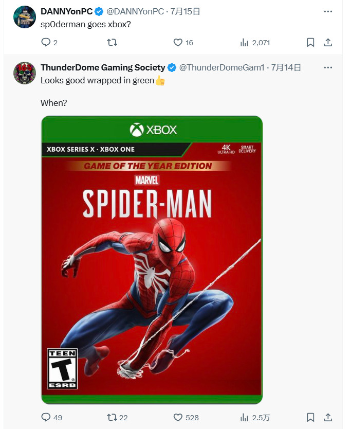 Xbox粉丝祈求《漫威蜘蛛侠》移植到Xbox平台