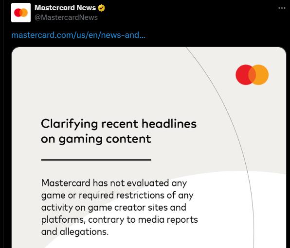 万事达卡官方声明未对平台施加制约成人游戏压力 玩家嗤之以鼻