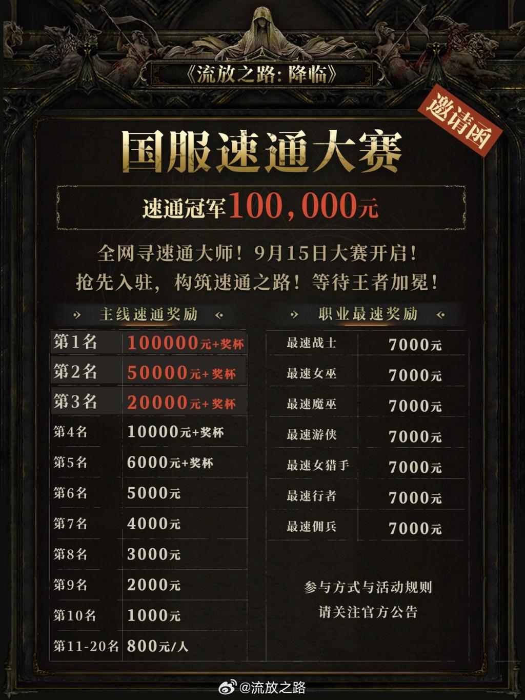 《流放之路：降临》举行速通大赛 第一名10万元
