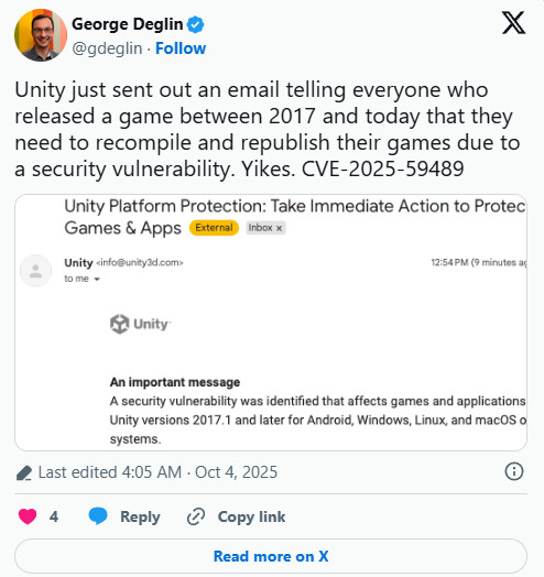 Unity曝出安全漏洞 黑曜石紧急下架《禁闭求生2》等四款游戏