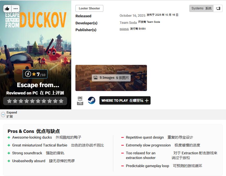 《逃离鸭科夫》M站均分74：价格亲民玩法重复性高！