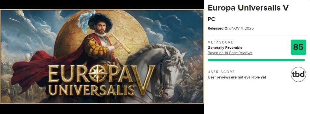 《欧陆风云5》M站均分85！IGN8分好评称未来可期