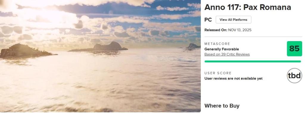 《纪元117：罗马和平》M站均分85分！IGN9分好评