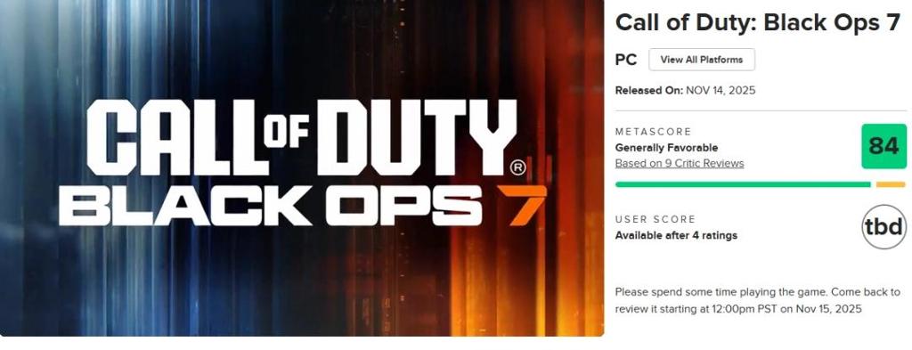 《使命召唤：黑色行动7》M站均分84 IGN6分评价一般！