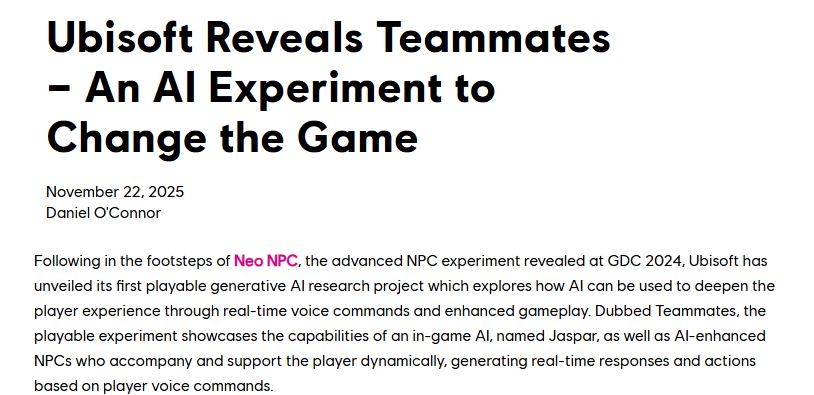 育碧公布新AI研究Teammates 让游戏NPC能够听懂玩家指示