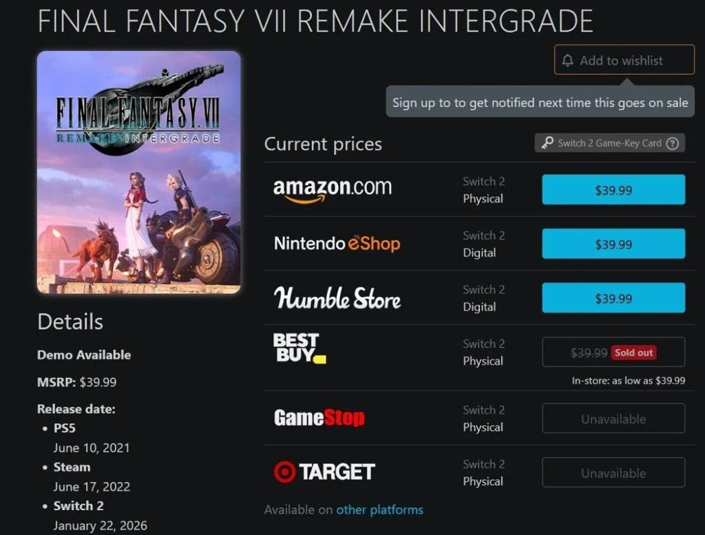 太火爆了！ 《最终幻想7》NS2重制实体版在美国几乎售罄