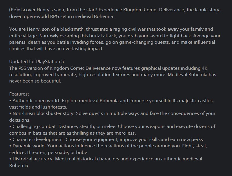 《天国：拯救》PS5强化版或将上线！支持4K高帧率