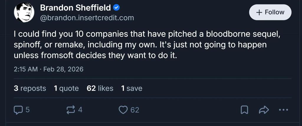 《血源诅咒》复活无望！曝10家工作室提案全被拒 