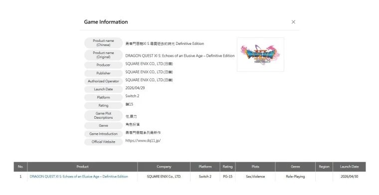 NS2版《勇者斗恶龙11s》在中国台湾获评级 或将推出升级版！