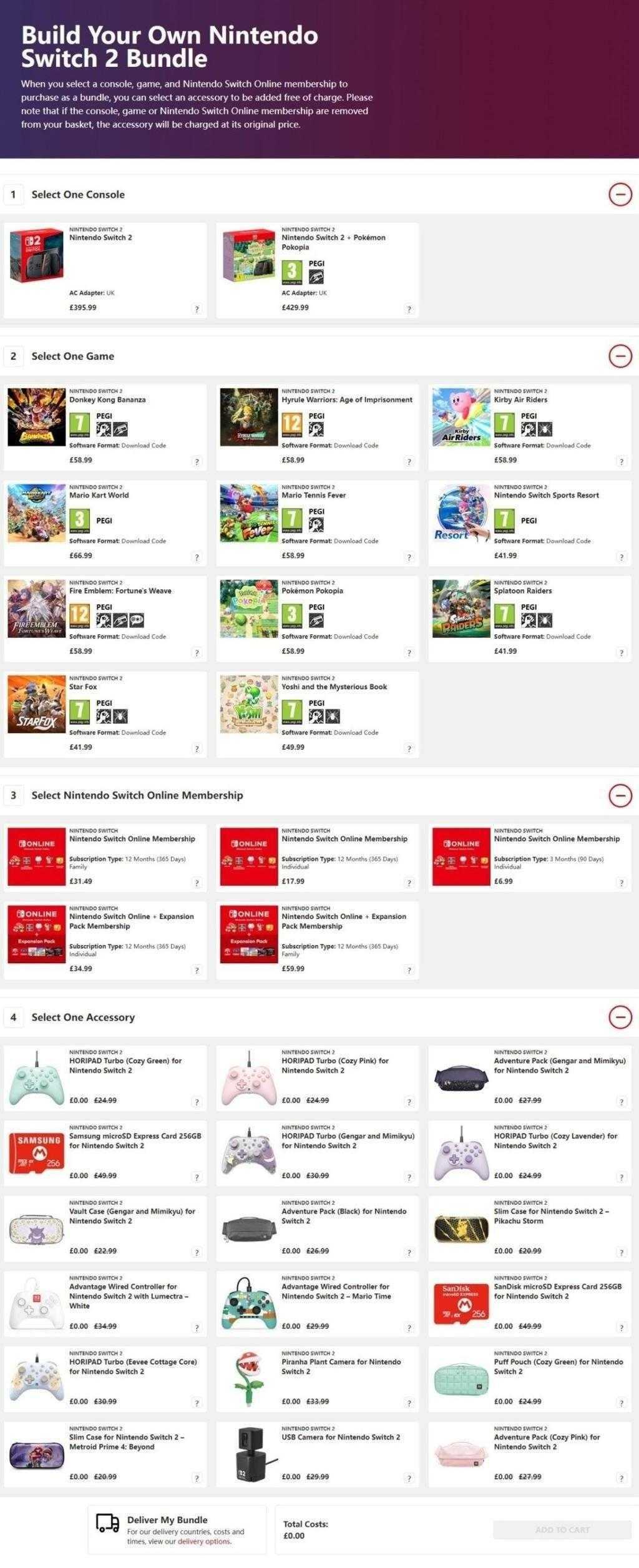 任天堂欧洲官网上线Switch2自选套餐：选游戏加会员 配件免费送